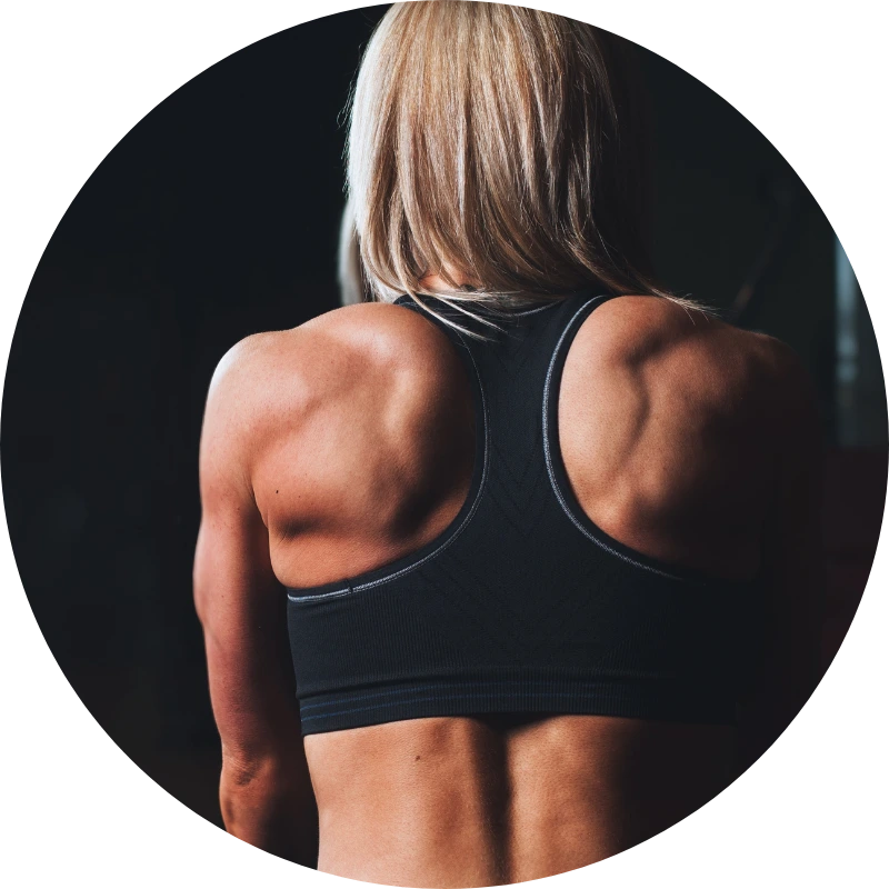 Starker Rücken – Symbol für Kraft und Stabilität Durchtrainierter Rücken einer Sportlerin in schwarzem Sport-BH im Fitnessstudio.