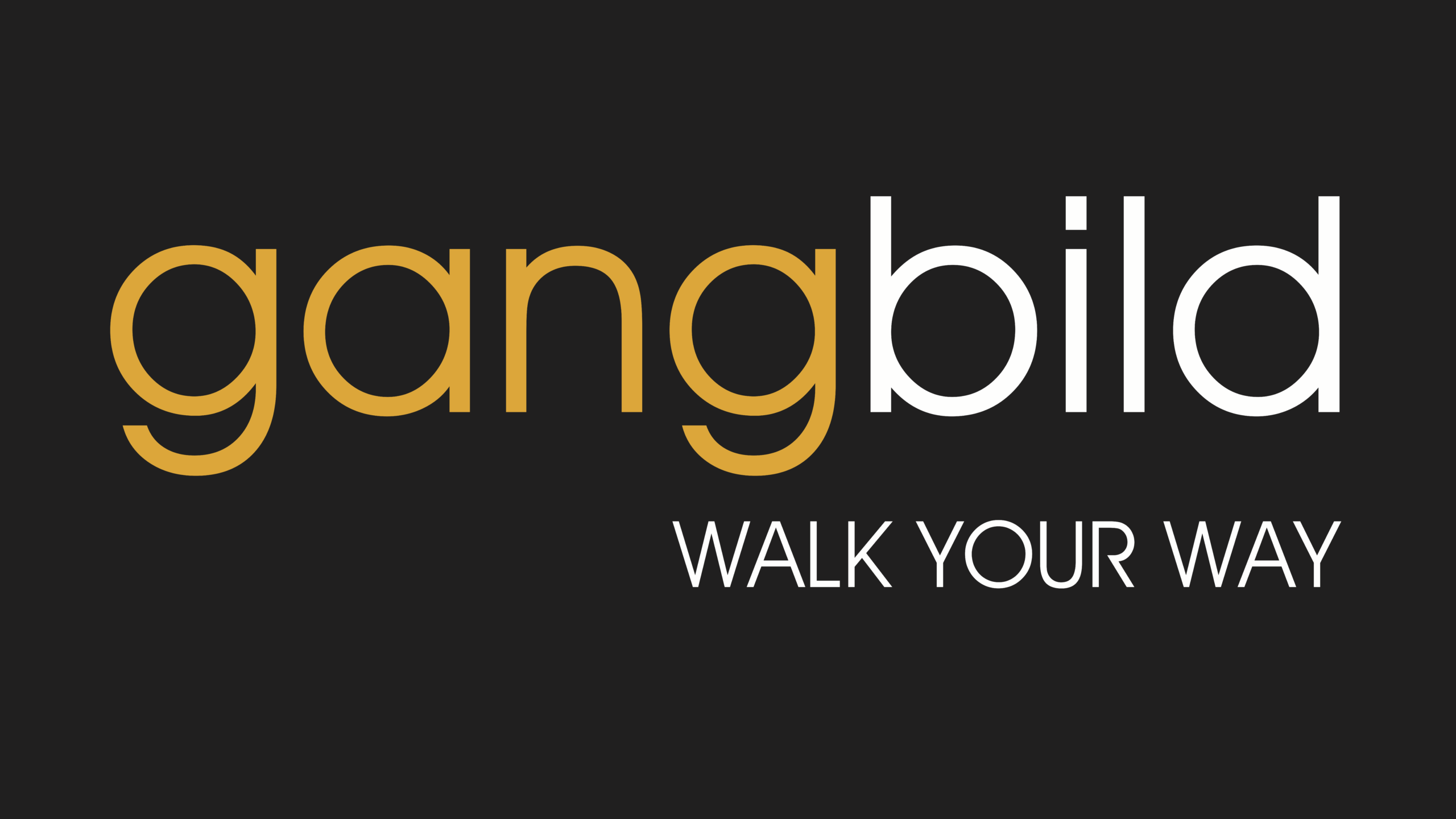gangbild – WALK YOUR WAY Logo der Marke „gangbild“ mit dem Claim „WALK YOUR WAY“ auf schwarzem Hintergrund; Schriftzug in Orange und Weiß